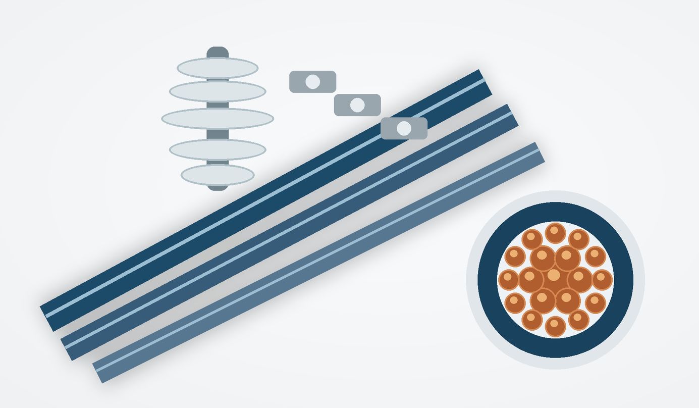 Technical illustration of insulated power cables, conductor cross-section and an electrical insulator representing silicone rubber use in energy systems.