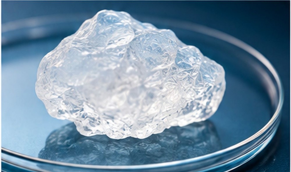 Translucent silicone gum sample displayed in a laboratory dish for formulation and specification evaluation.