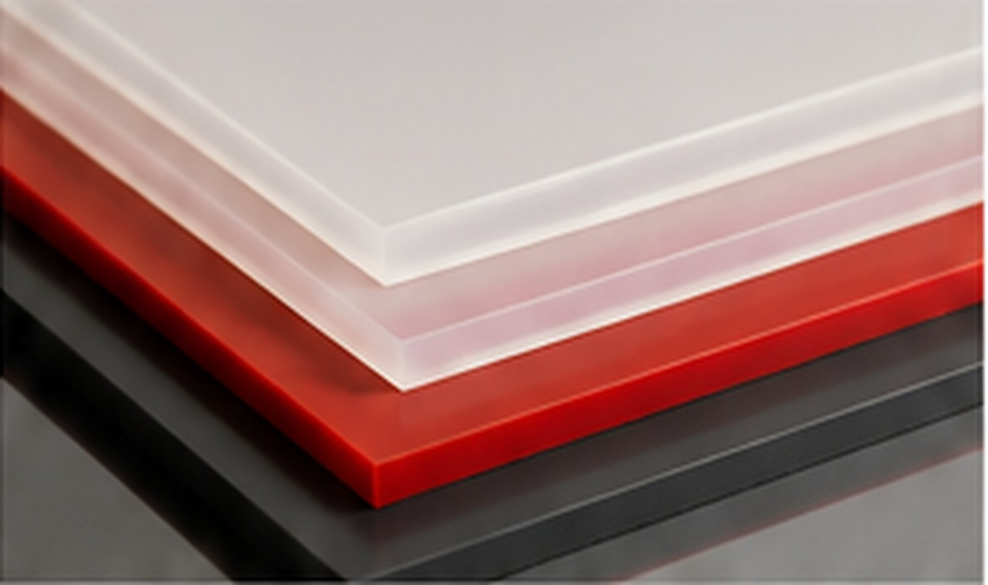 Stacked translucent, red and black silicone rubber sheets with smooth flat surfaces.