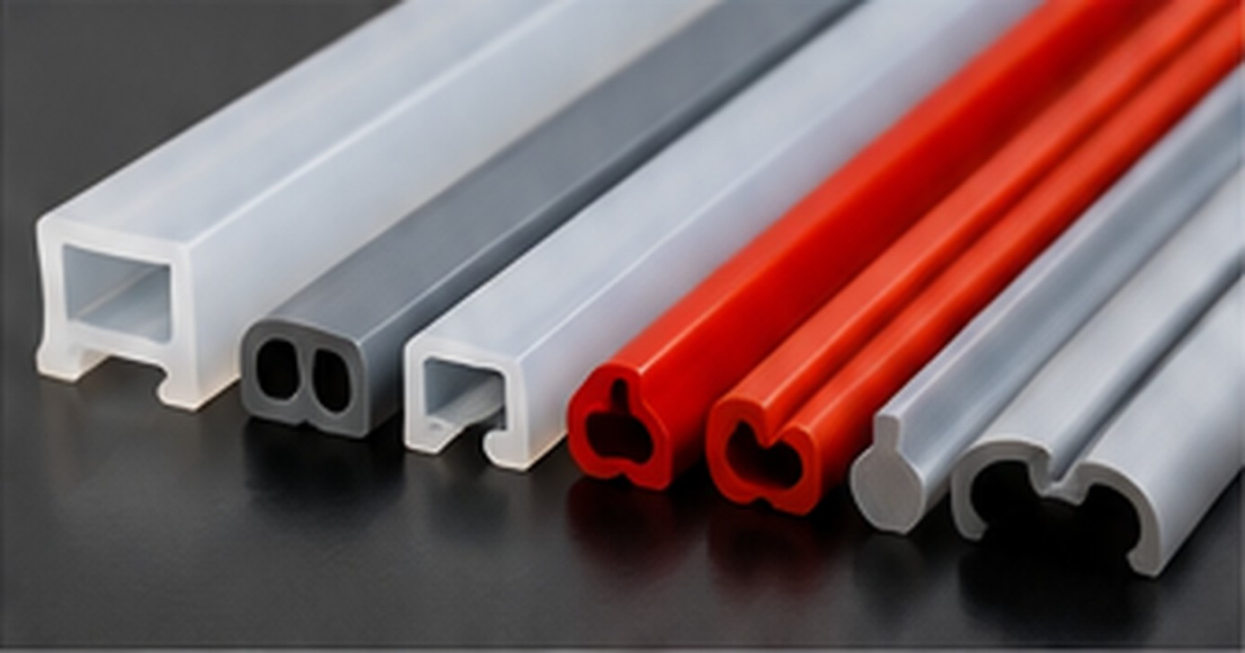 Assorted white, grey and red extruded silicone profiles with different hollow and solid cross-sections.