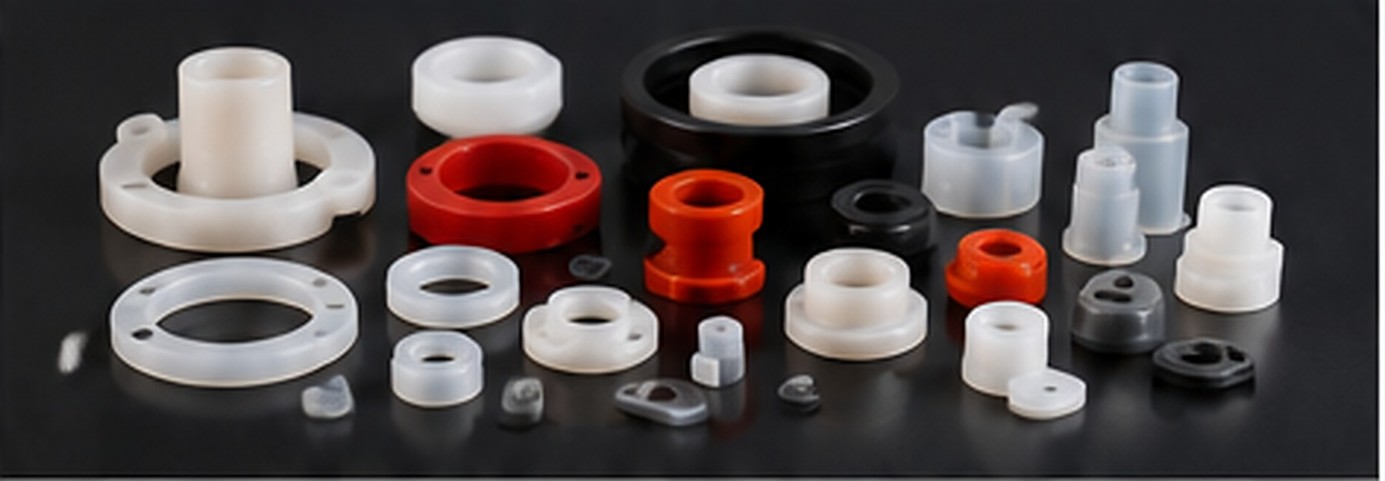 Collection of small molded silicone rubber parts in white, red, grey and black on a dark background.