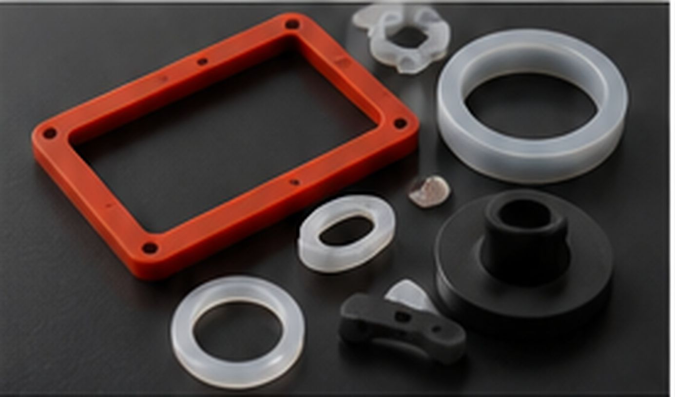Custom silicone rubber rings, frames and shaped seals arranged as finished molded components.