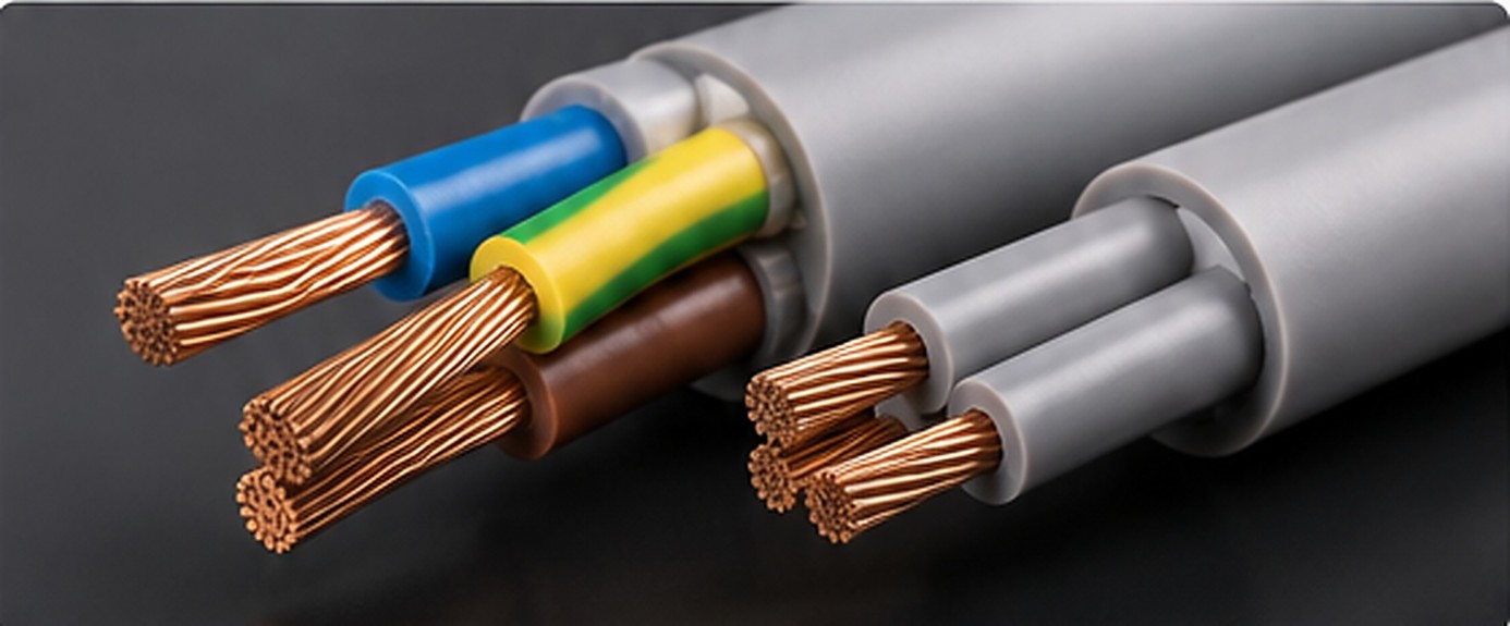 Cutaway power cables exposing stranded copper conductors surrounded by multiple colored insulation layers.