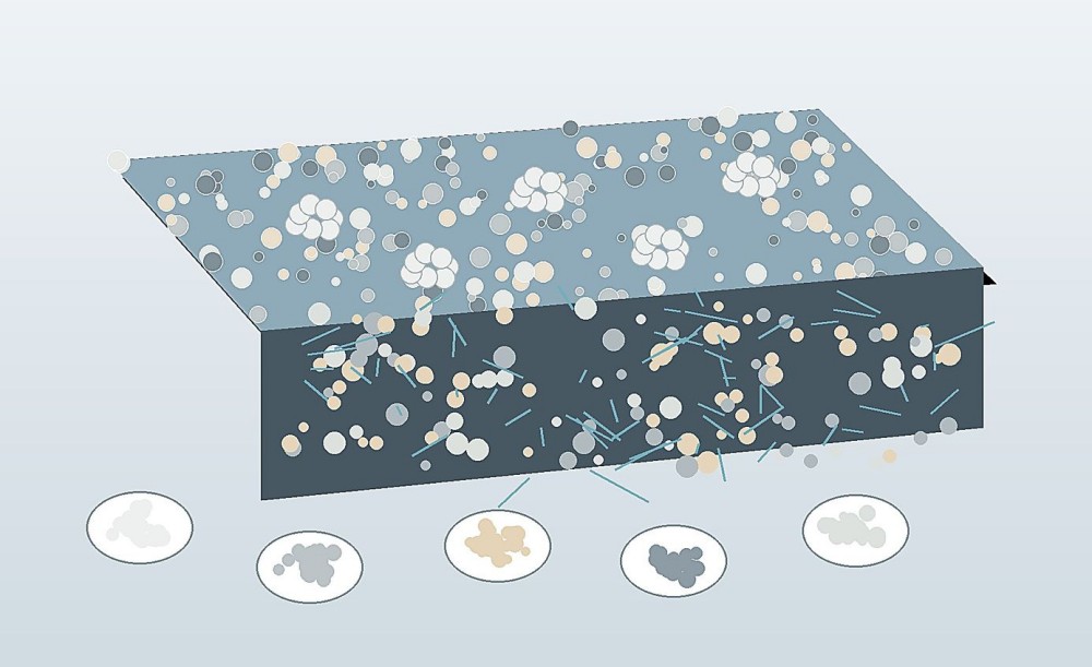 Cutaway view of a silicone elastomer matrix with evenly dispersed reinforcing and mineral filler particles.