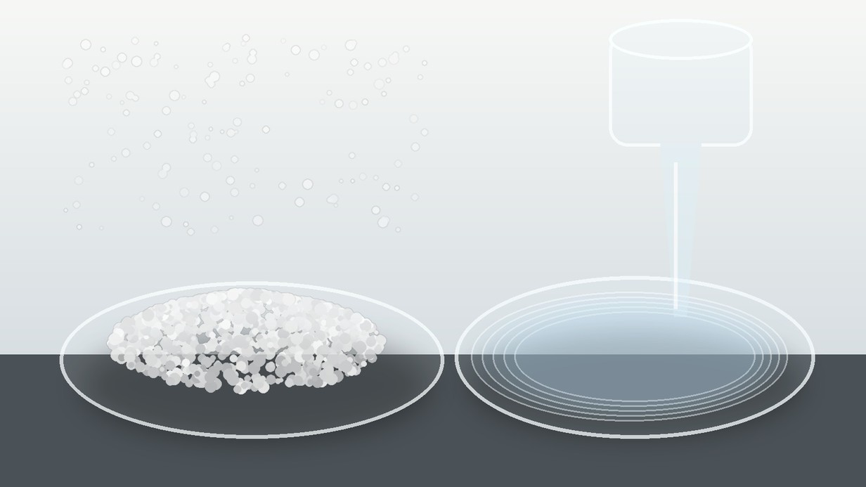 White fumed silica particles beside a transparent silicone polymer phase for LSR formulation.