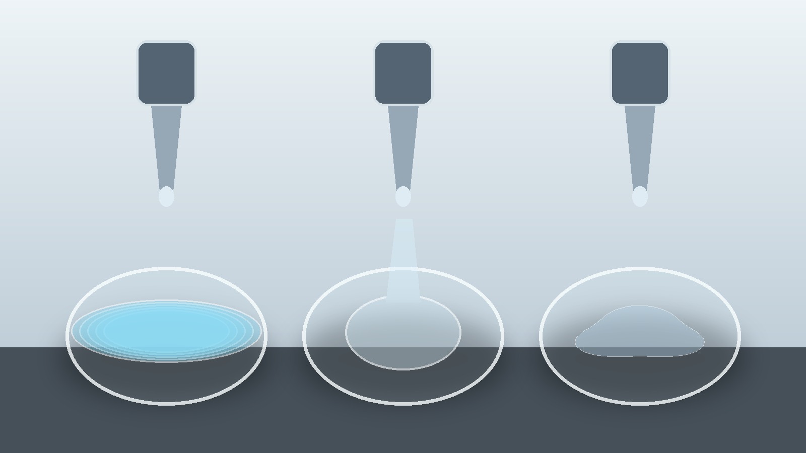Unlabeled silicone formulation samples showing different flow and viscosity characteristics.