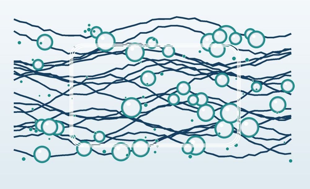 Illustrated crosslinked silicone polymer network containing evenly dispersed reinforcing silica particles.