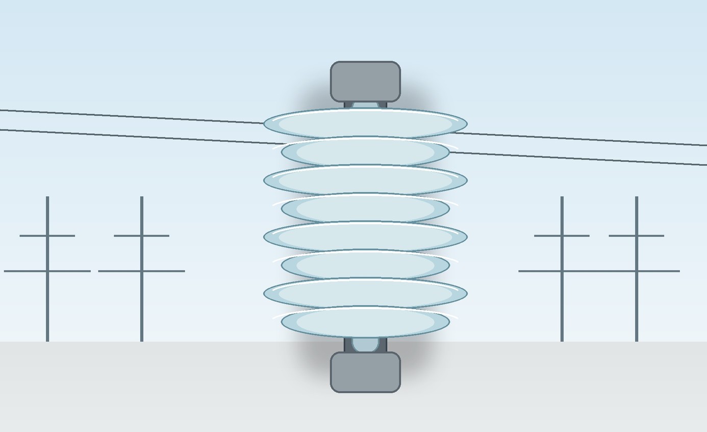 Outdoor composite electrical insulator built with multiple pale silicone rubber sheds around a central core.