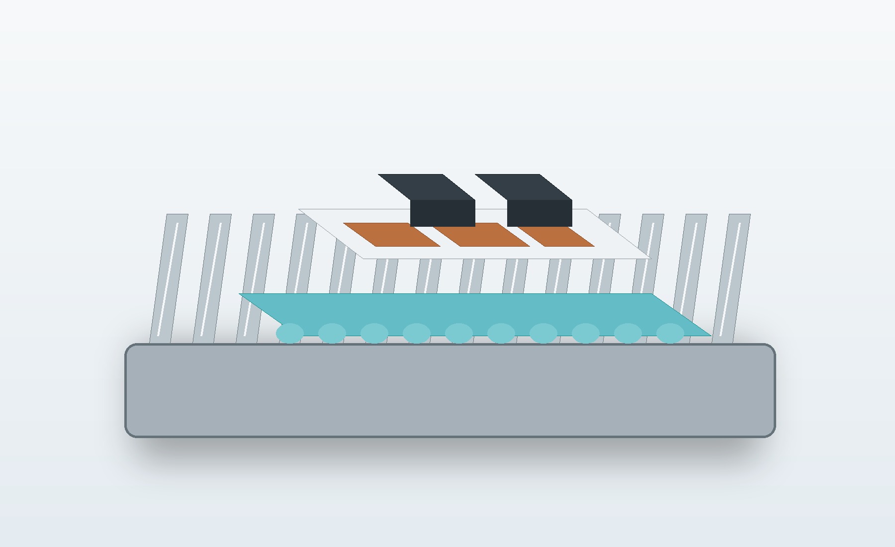 Cutaway power module stack showing a compliant teal silicone thermal pad above an aluminum heat sink.