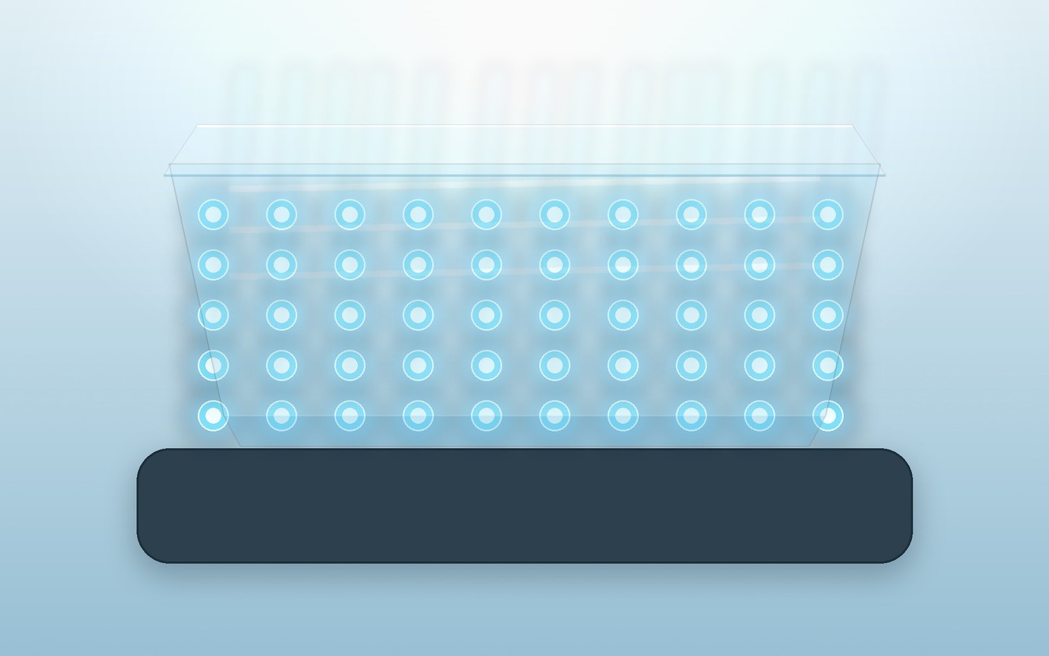 Clear layered silicone material transmits light evenly from a grid of electronic emitters beneath a glass plate.