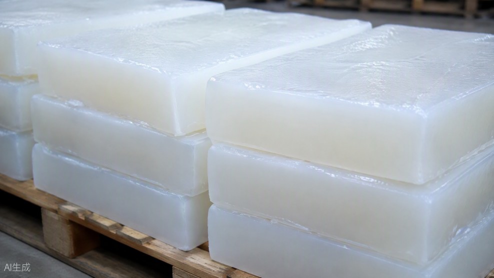 Translucent silicone gum blocks stacked on an industrial pallet, showing the raw base polymer used in silicone rubber compounding.