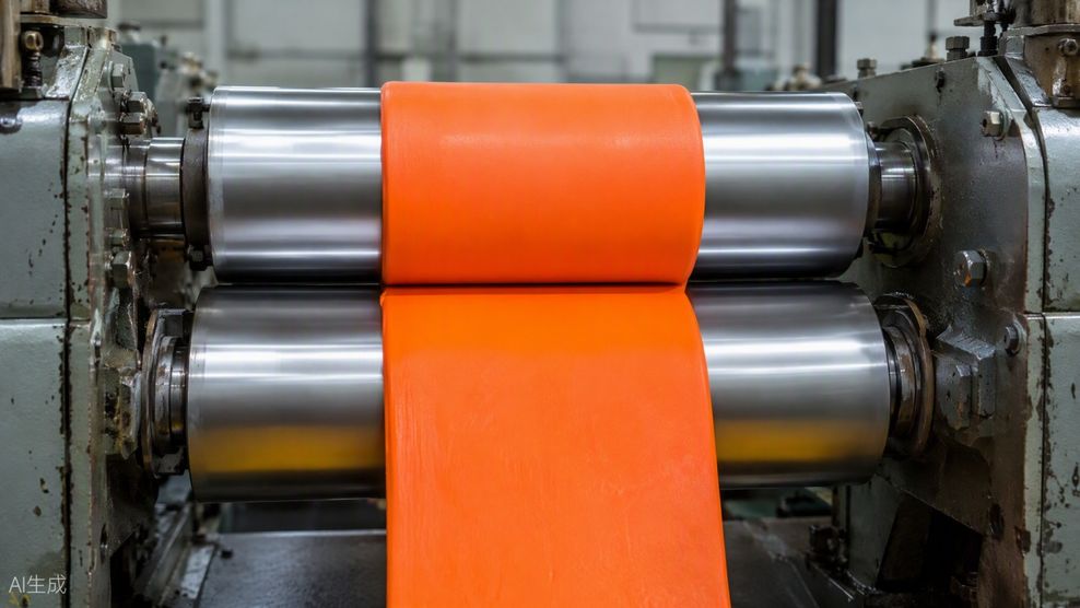 A two-roll mill processing pigmented silicone rubber compound in a rubber manufacturing plant.