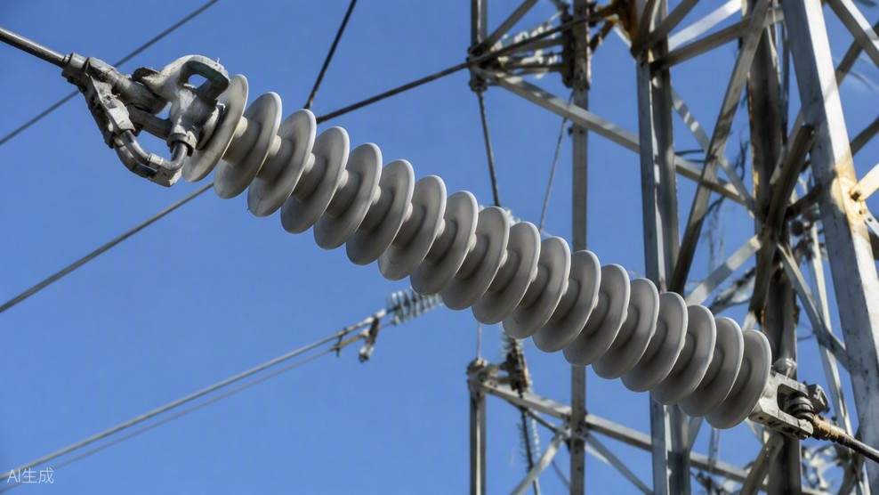 High-voltage composite insulator with gray silicone rubber sheds installed on a transmission line.