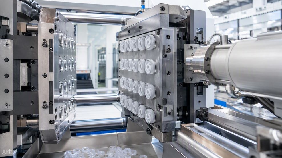 Automated liquid silicone rubber injection molding cell producing precision silicone parts.