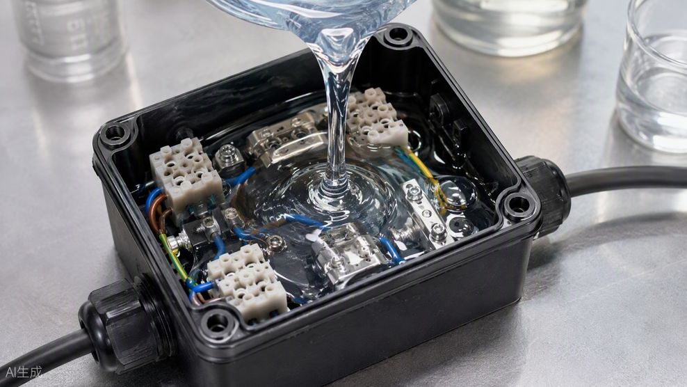 Clear silicone gel encapsulating an electrical connector assembly in a junction box.