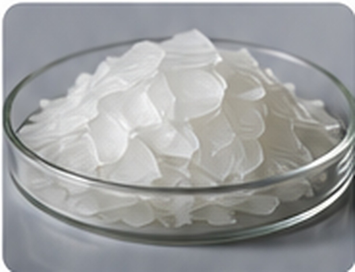 White solid silicone resin flakes in a laboratory dish representing dry silicone resin raw materials for industrial formulation.