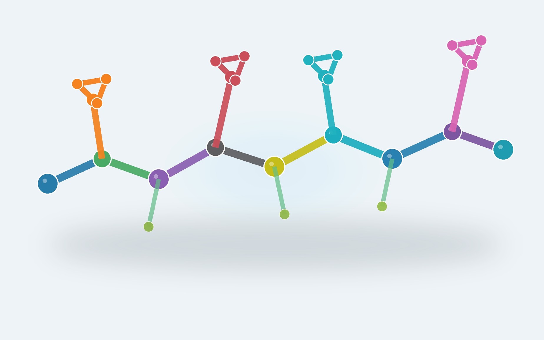 Three-dimensional siloxane chain model carries multiple ring-shaped epoxy functional sites.