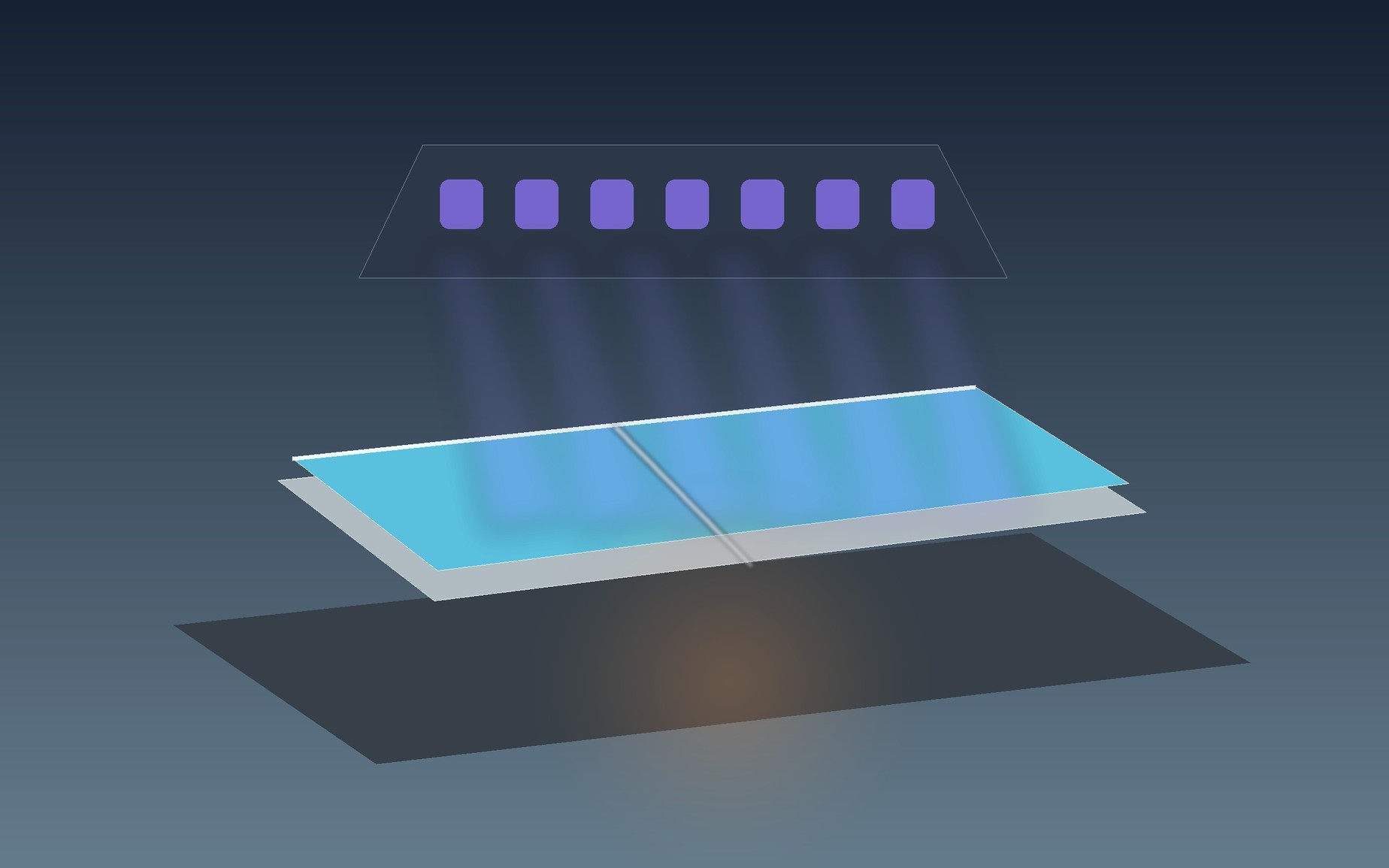 A thin clear resin film on metal is exposed to a controlled curing field in a clean processing setup.