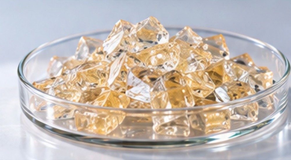 Transparent amber resin pieces in a glass dish representing solid phenyl silicone resin raw material.