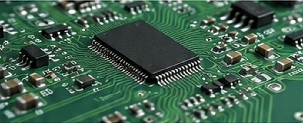Close-up of an electronic circuit board representing power electronics coating and insulation applications.