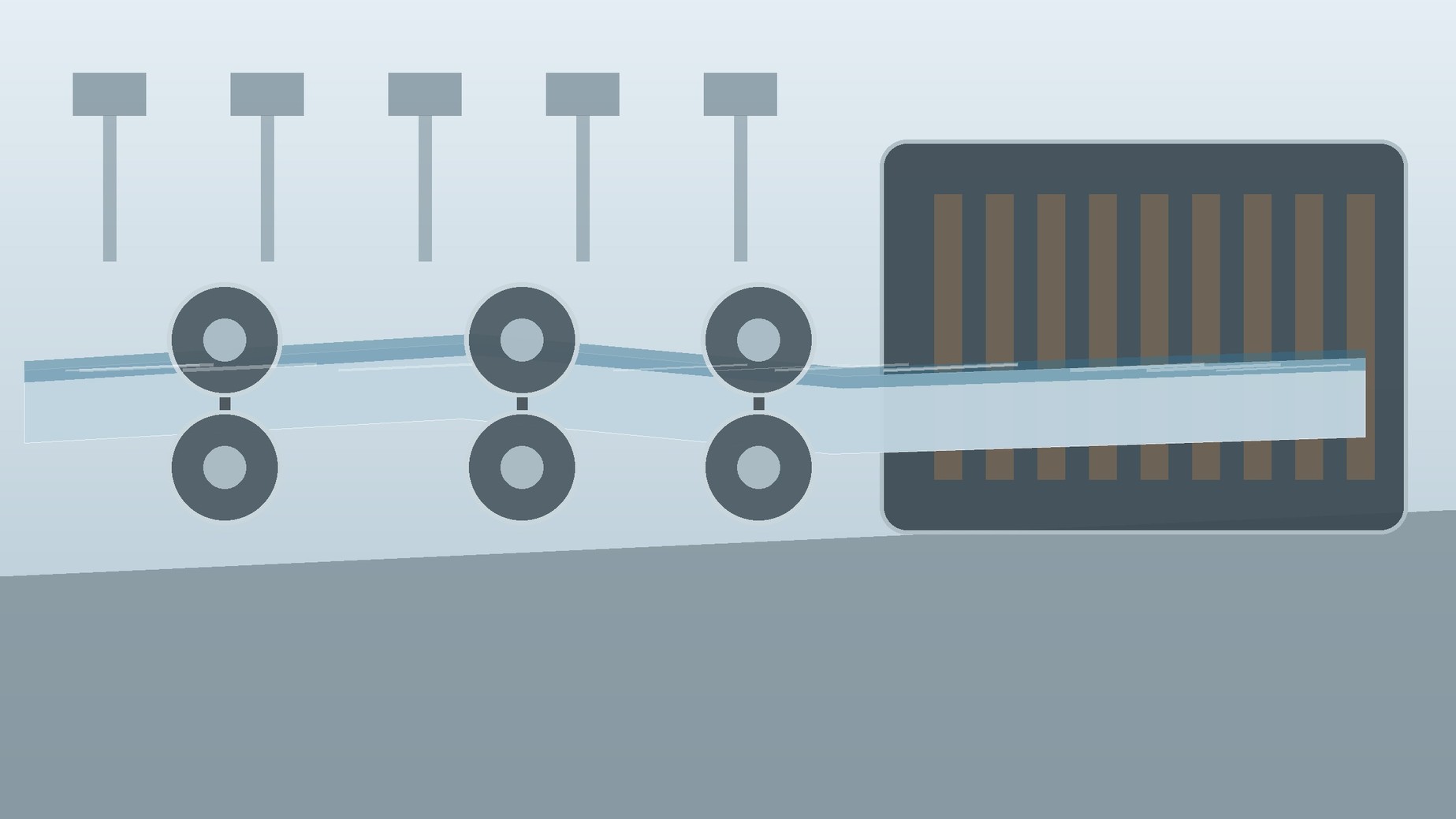 Continuous metal strip moving through industrial coating rollers and a curing tunnel with a smooth blue silicone-polyester film on its surface.