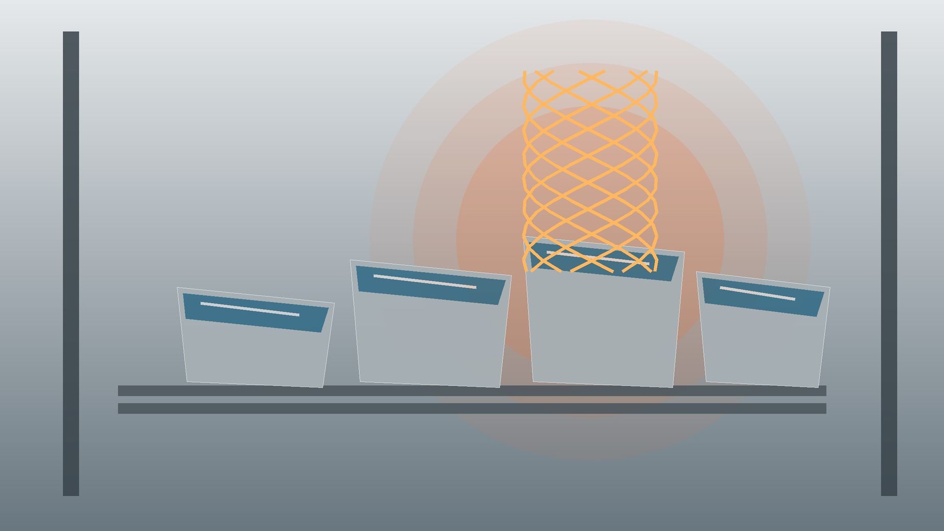 Four metal test panels with blue protective films undergoing controlled high-temperature exposure inside an industrial thermal chamber.