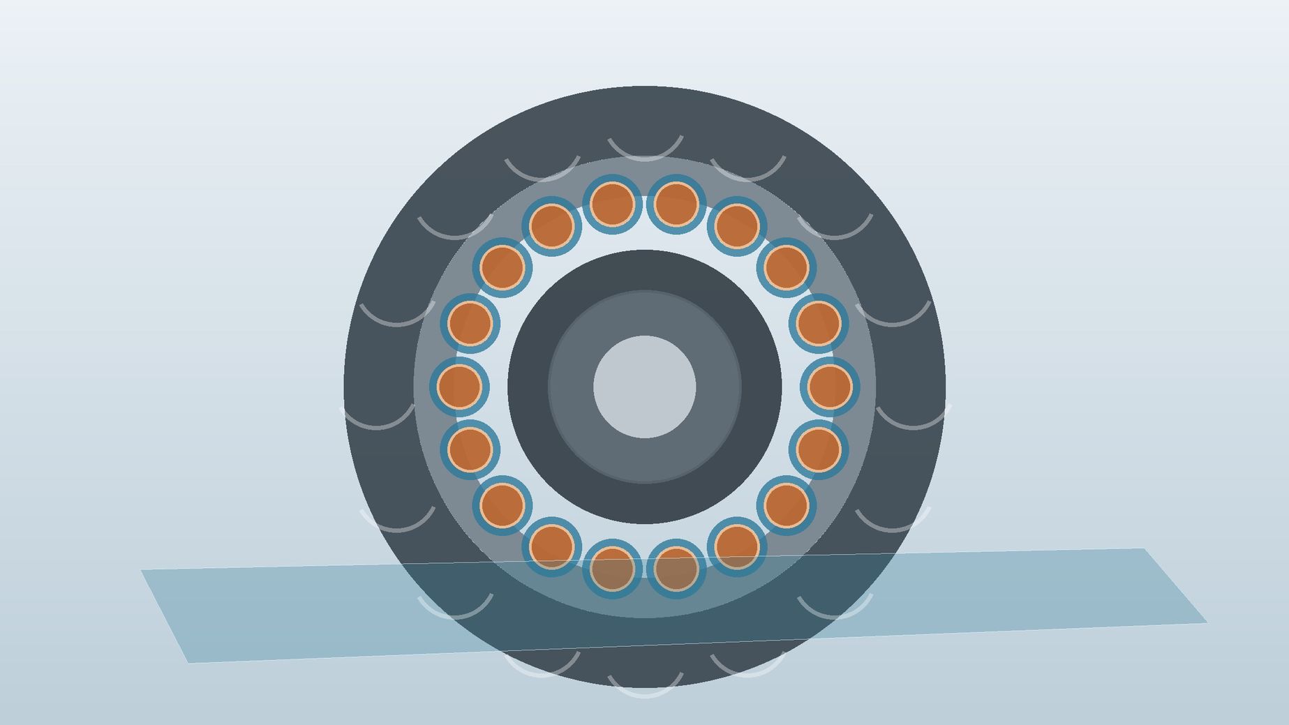 Motor stator cross-section with copper windings surrounded by a uniform blue insulating resin layer in an energy-equipment material concept.