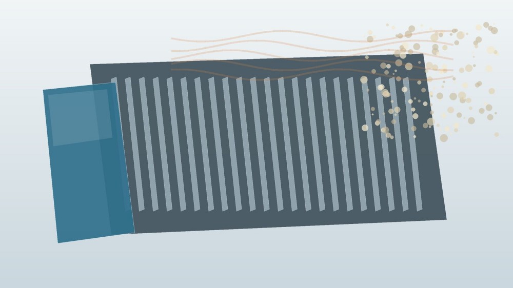 Industrial heat-exchanger panel with a smooth blue coated side and pale resin particles approaching the surface in a powder-coating concept.