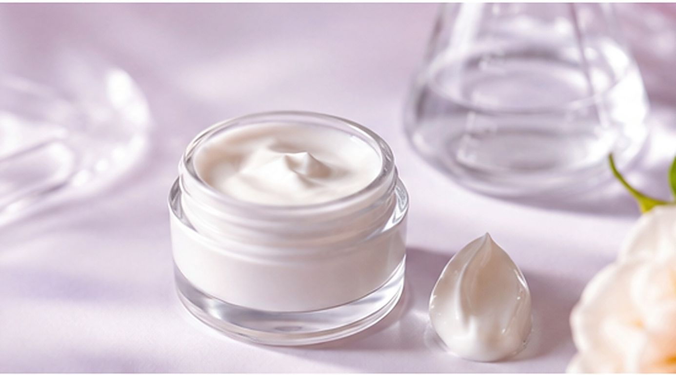 White cream in a clear jar representing a formulation developed with silicone resin ingredients.