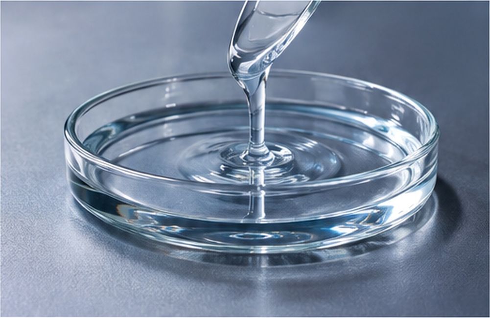 Transparent modified silicone liquid flowing into a shallow glass dish for formulation use.