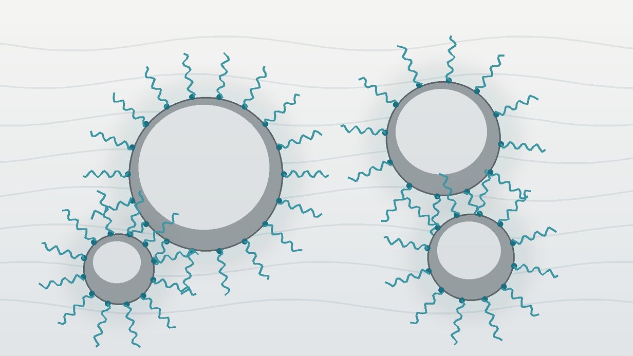 Mineral particles are surrounded by flexible organosiloxane chains extending into a light binder phase.