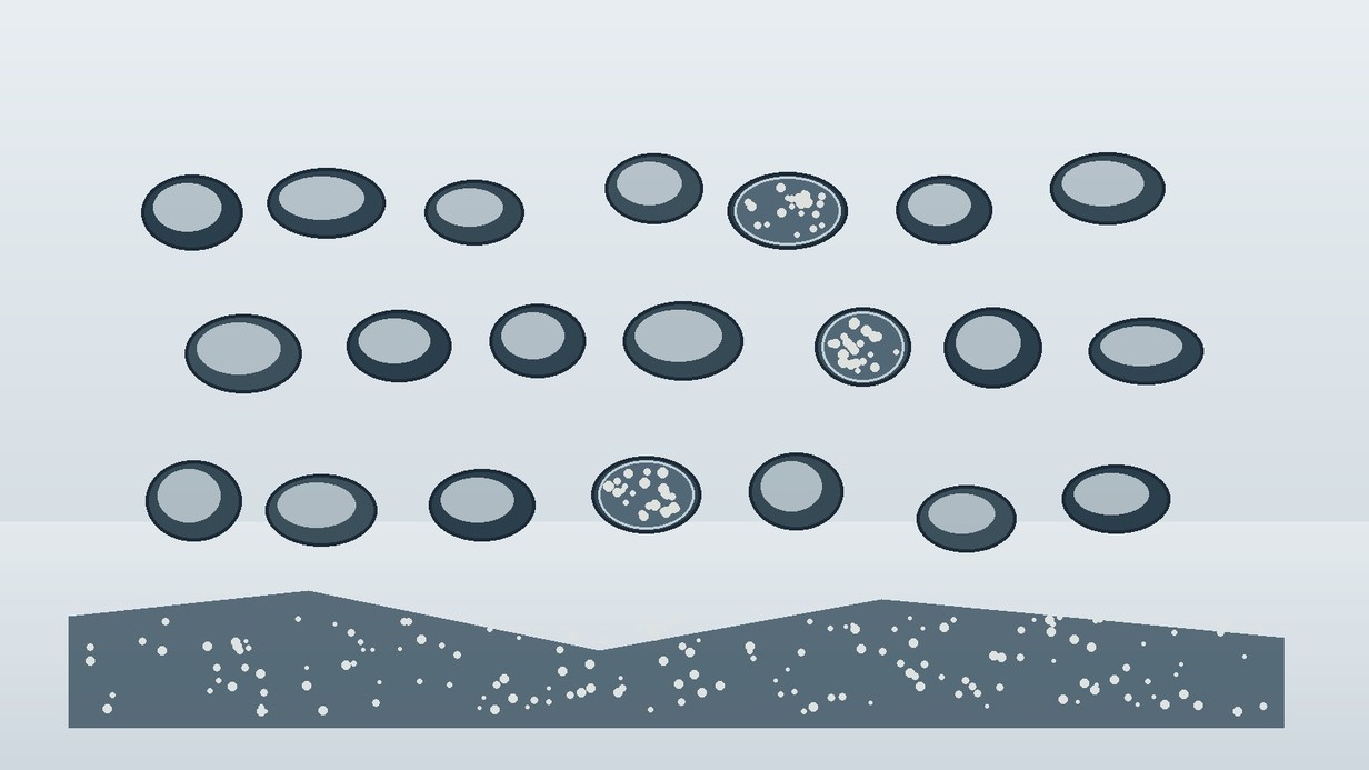 Dark polymer pellets and a filled melt stream contain finely distributed light mineral particles.