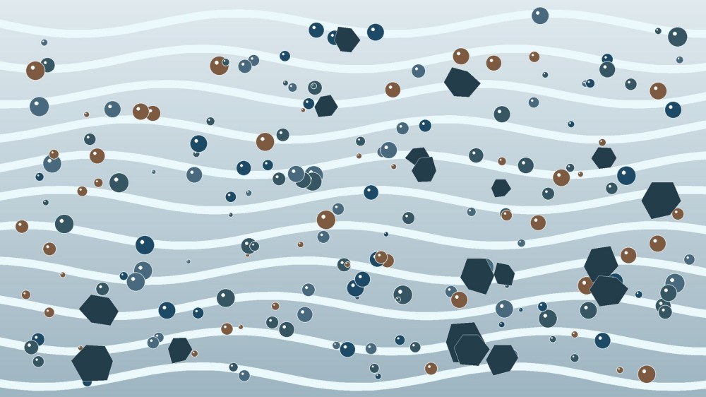 Fine dark and bronze pigment particles remain individually dispersed throughout a translucent liquid matrix.