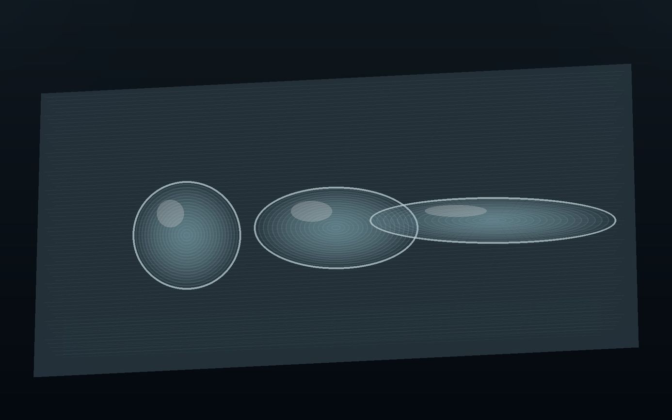 Clear liquid shown spreading from a rounded drop into a flatter film across a dark coated industrial surface.