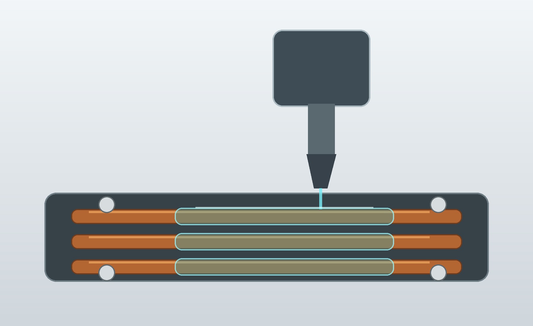 Automated nozzle applies a thin transparent coating across copper conductors mounted in an industrial fixture.