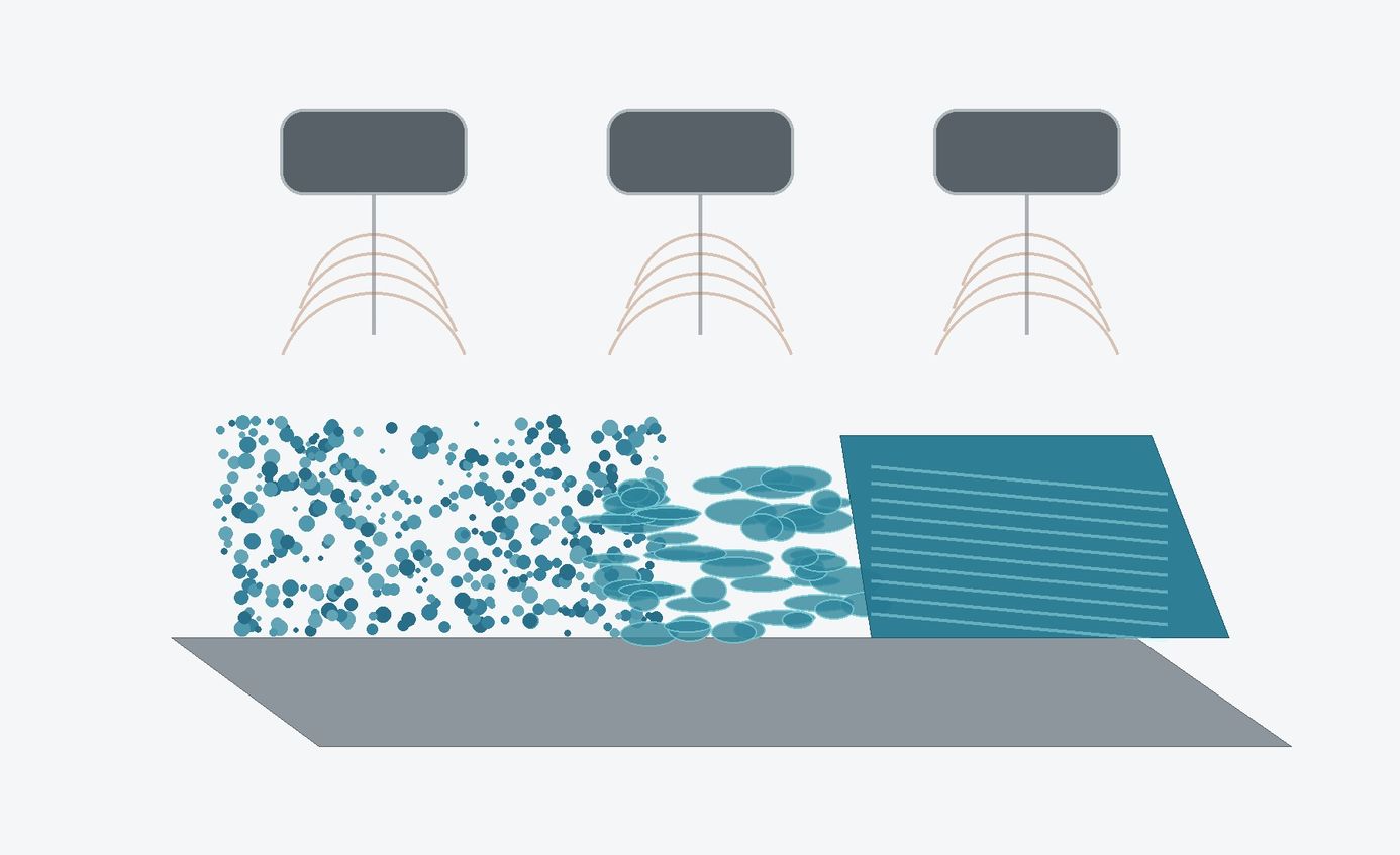 Coating powder evolves from discrete particles through molten islands into a uniform blue film on a metal panel.