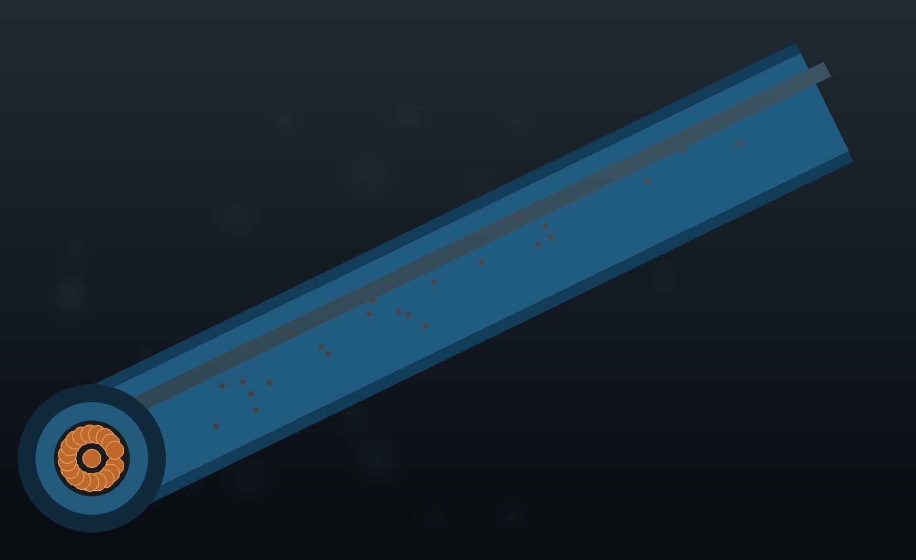 Close-up of an insulated power cable with exposed copper conductor and a smooth blue outer jacket.