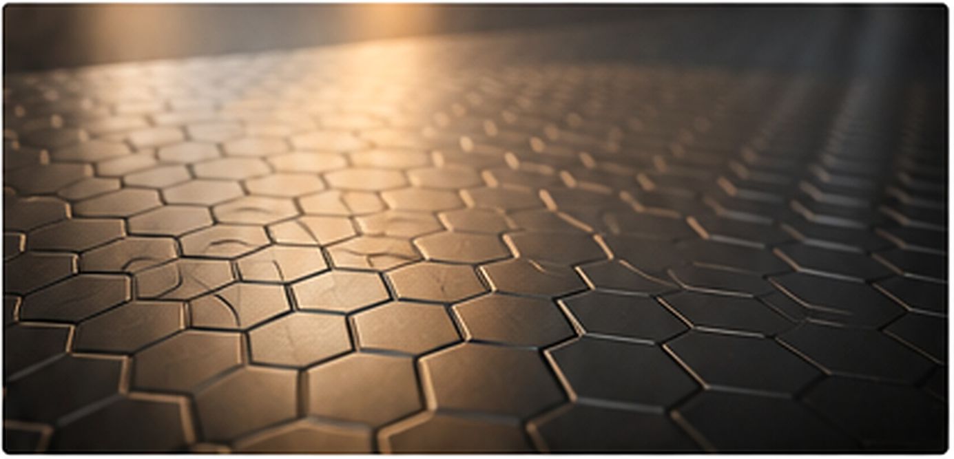 Close-up of a dark hexagonal technical surface with controlled microtexture for wear-focused applications.