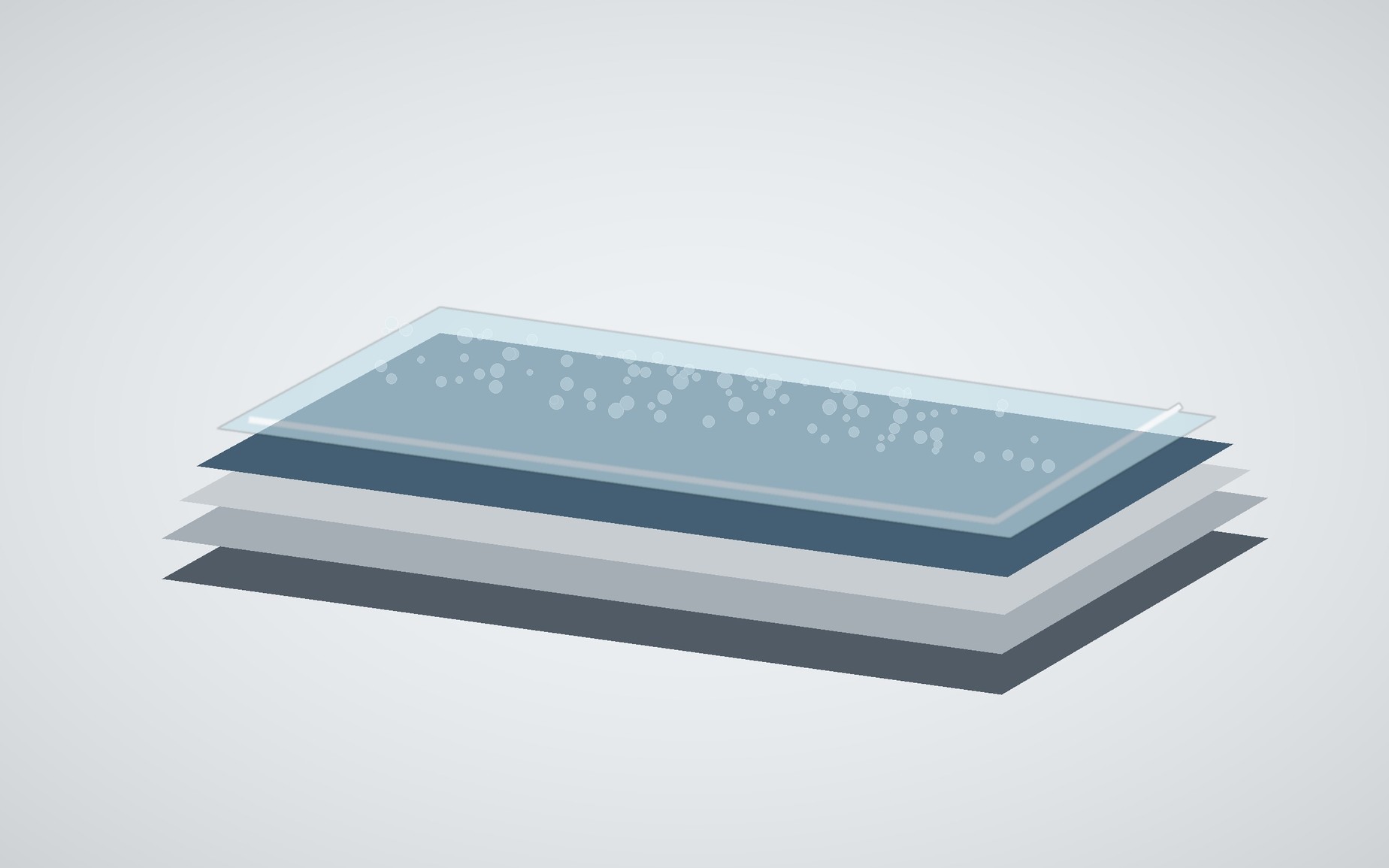 A transparent functional top layer sits above multiple coating layers on a metal substrate in a clean technical cross-section.