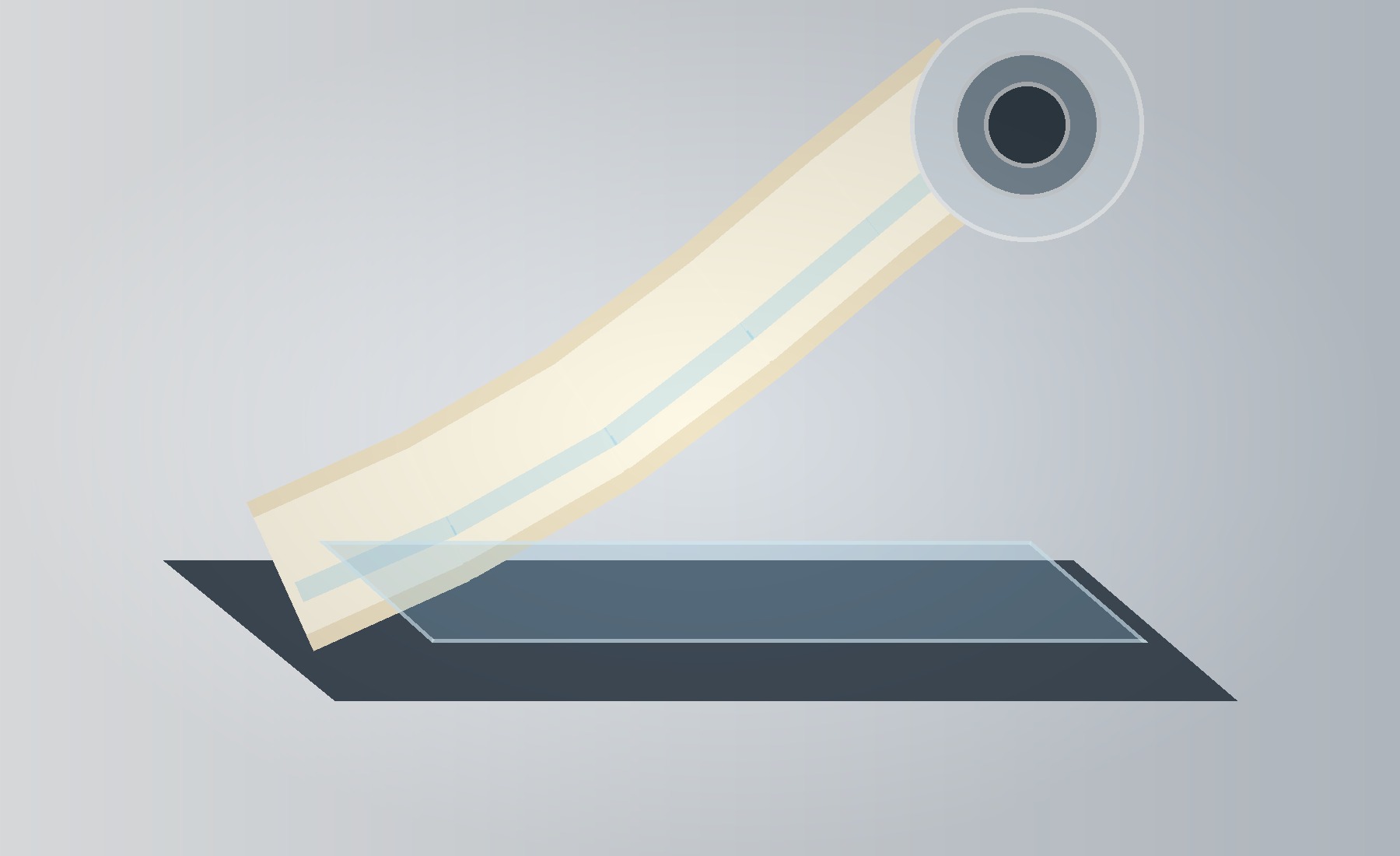 Silicone-coated release liner peeling away from a dark adhesive web in a roll-processing illustration.