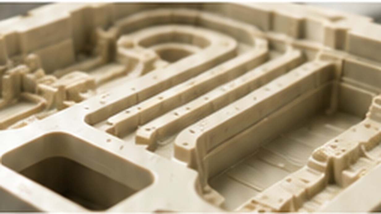 Intricate molded-tool geometry with channels and recessed features illustrating difficult demolding areas.