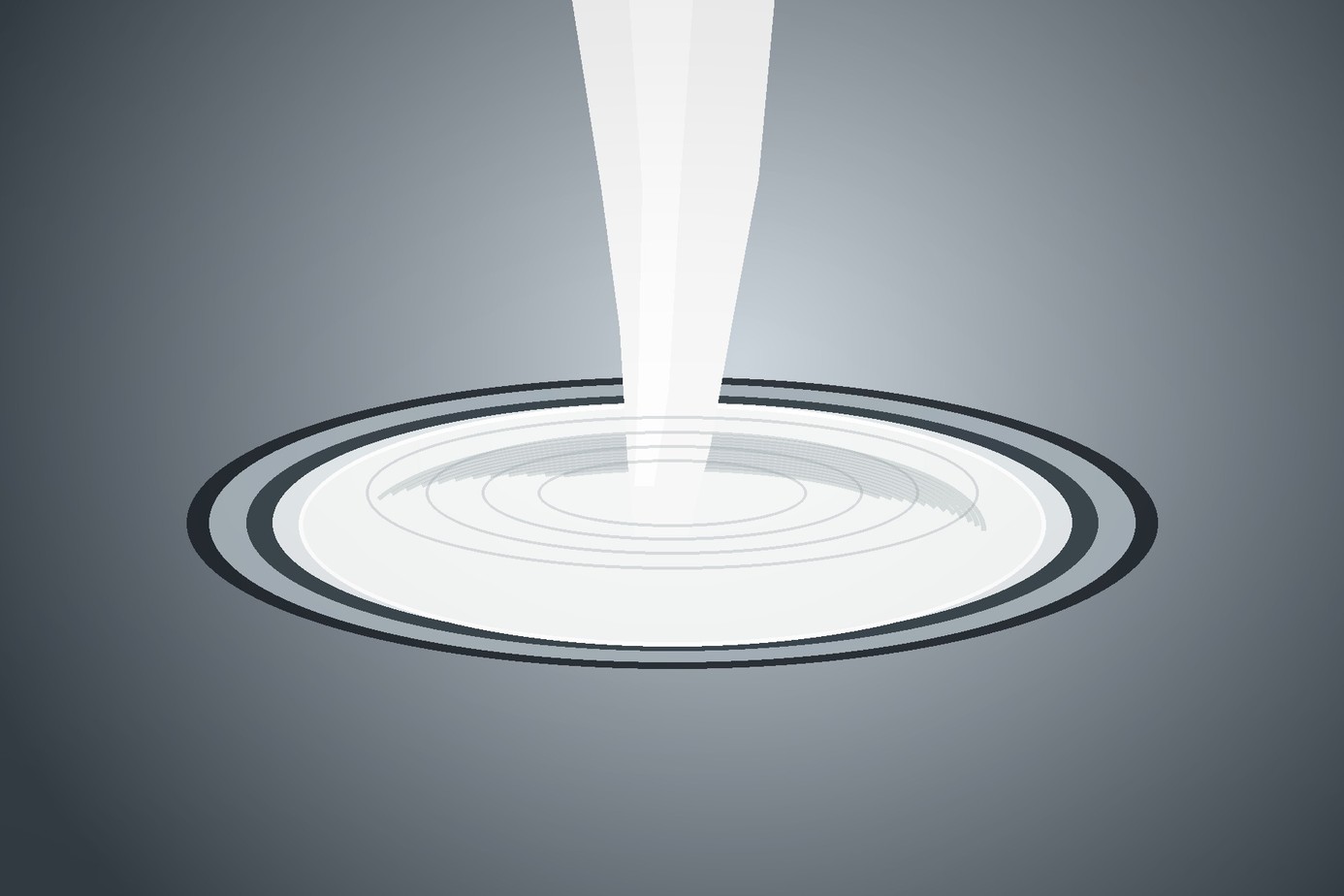 White silicone emulsion stream pouring into a circular industrial mixing vessel.