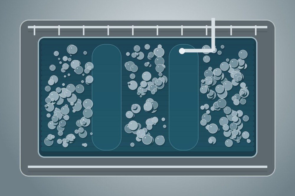 Industrial wastewater basin illustration with foamy zones and clearer water-control lanes.