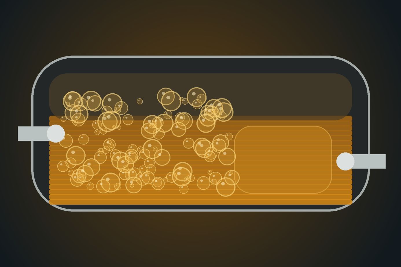Stainless reactor viewed from above with central agitator and scattered surface bubbles.