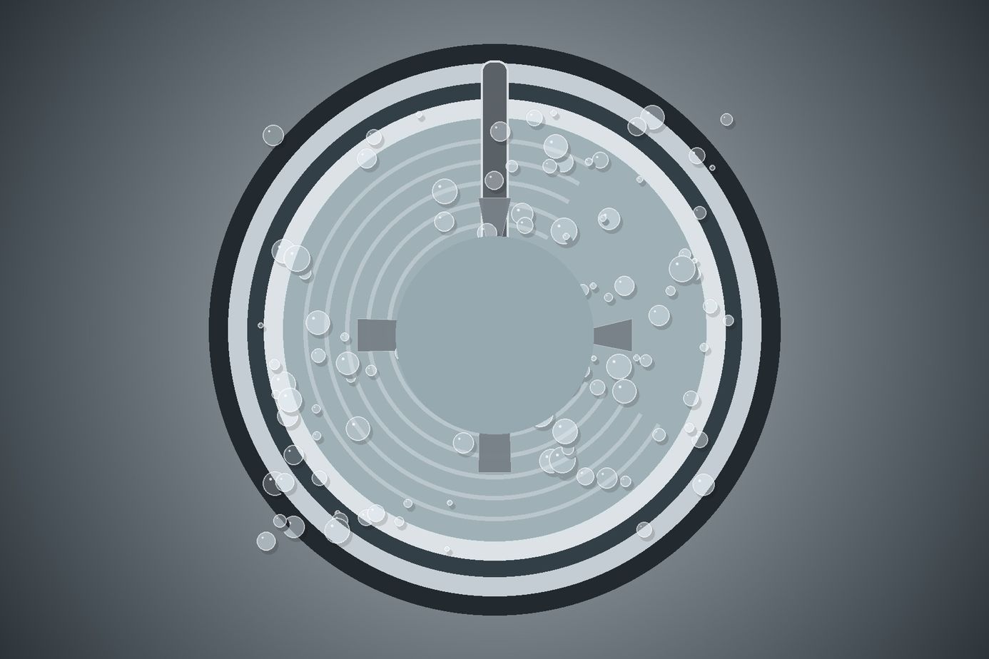 Amber hydrocarbon separator illustration with gas bubbles and a calmer downstream section.