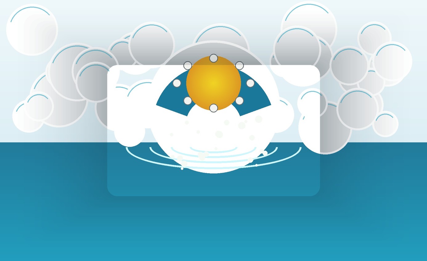 Scientific illustration of a golden silicone defoamer droplet interacting with a cluster of air bubbles above a blue liquid.
