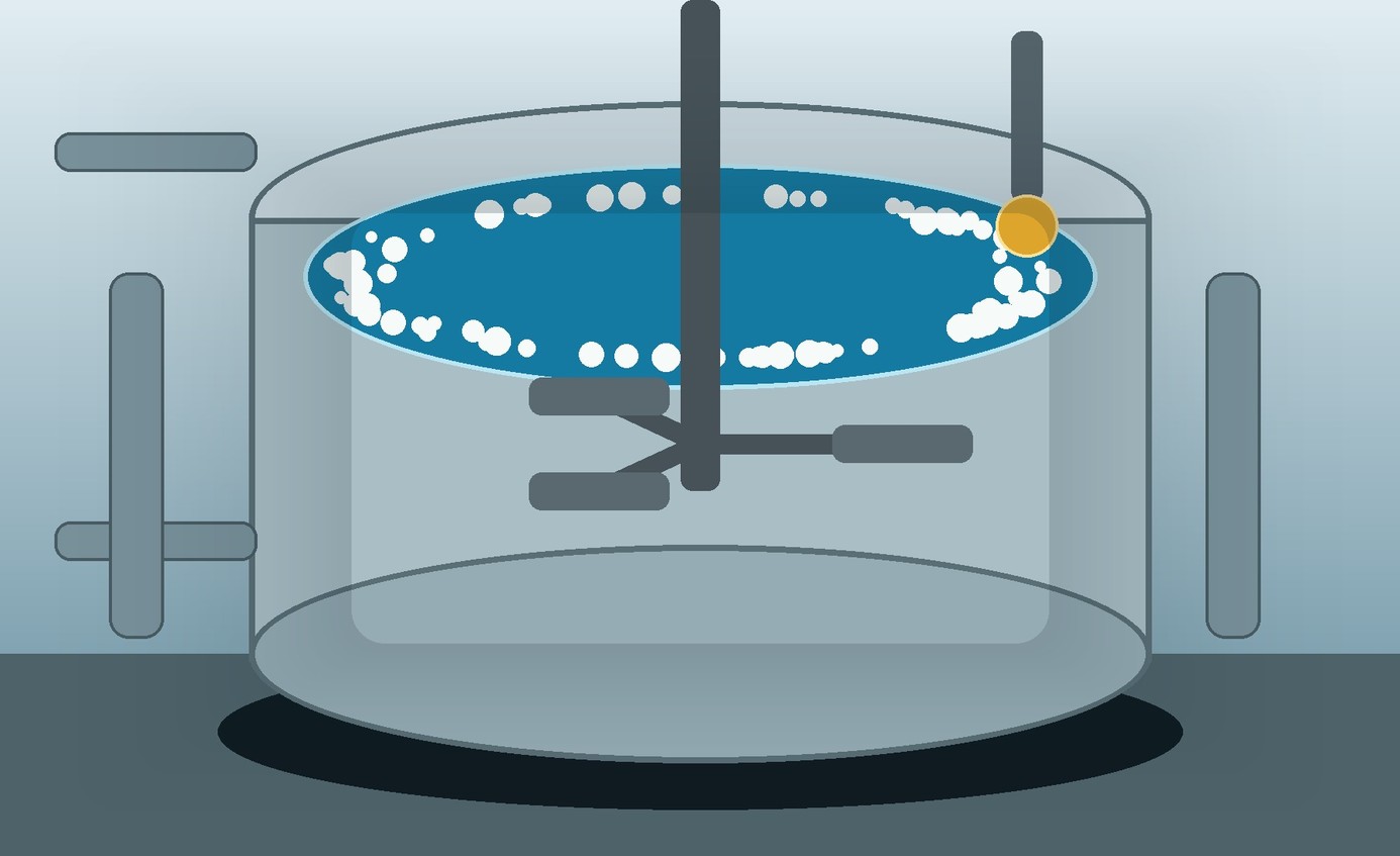 Stainless industrial mixing vessel contains blue liquid, an agitator, a light foam ring and a metered additive droplet.