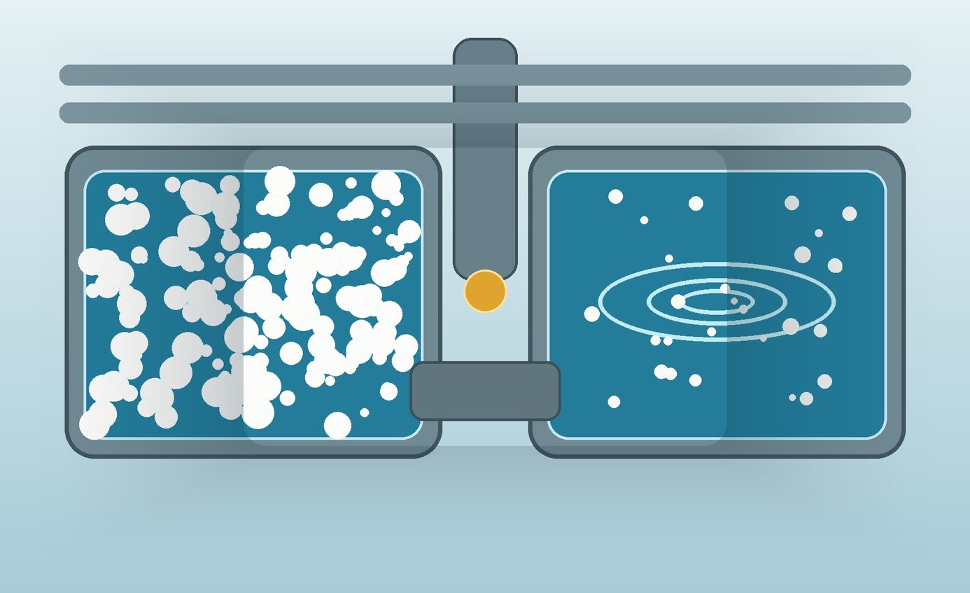 Twin process-water basins compare heavy surface foam with a calmer aerated liquid under an additive feed line.