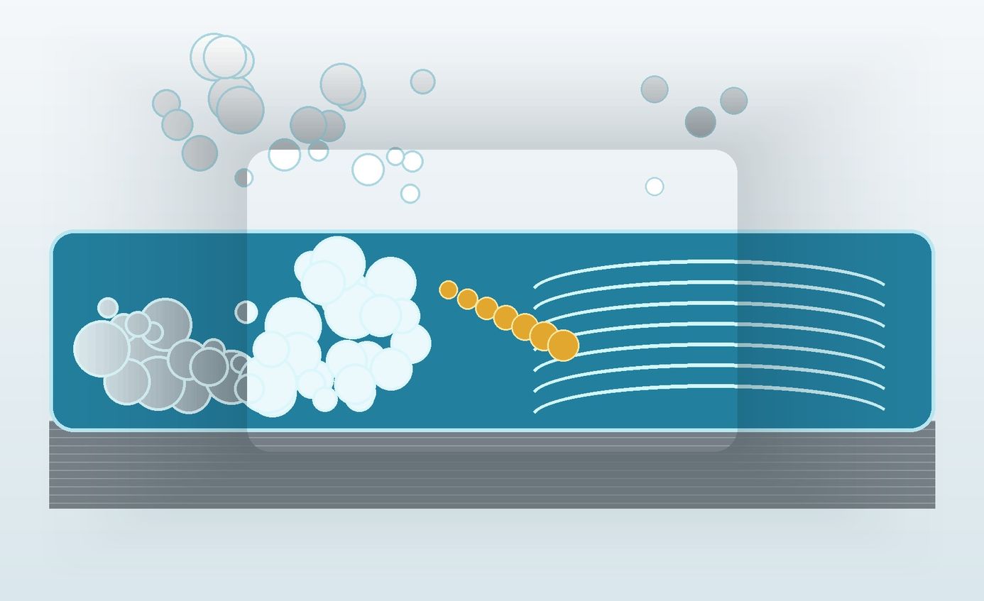 Cross-sectional coating illustration transitions from bubble-filled film to a smooth low-bubble surface.