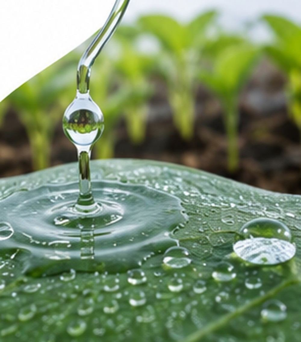 Macro image of a clear droplet dispensing onto a green leaf with young plants blurred in the background.